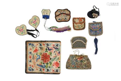 TWO SMALL CHINESE EMBROIDERED PURSES AND SEVEN SMALL POUCHES...