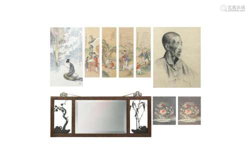 A CHINESE MIRROR AND EIGHT FRAMED PAINTINGS AND TEXTILES.