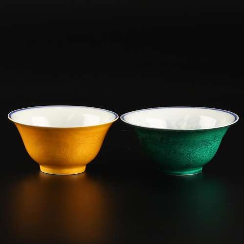 大明成化年製 黃釉碗 綠釉碗一對