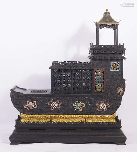 Qing Dynasty Hardstone Inlaid Zitan Boat