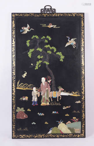 Qing Dynasty Hardstone Inlaid Zitan and Lacquer Panel Screen