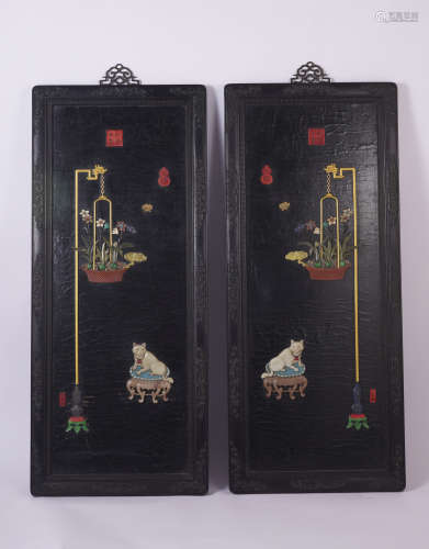 A Pair of Qing Dynasty Hardstone Inlaid Zitan and Lacquer Pa...