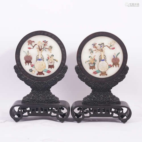 A Pair of Qing Dynasty Hardstone Inlaid Zitan and Lacquer Pa...