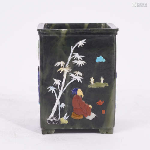 Qing Dynasty Hardstone Inlaid Square Brushpot