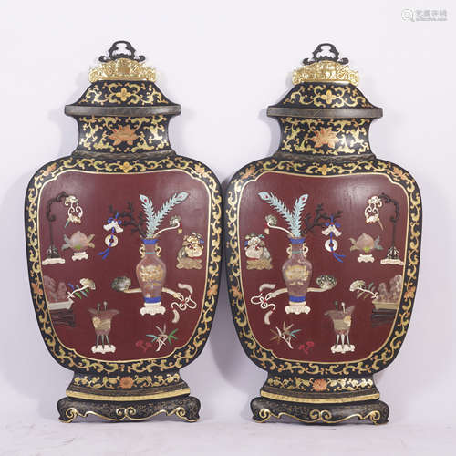 A Pair of Qing Dynasty Hardstone Inlaid Zitan and Lacquer Pa...