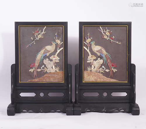 Qing Dynasty Hardstone Inlaid Wood and Lacquer Table Screen