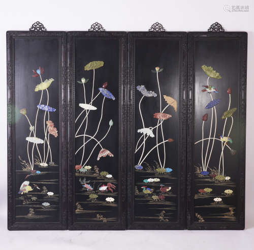 Qing Dynasty Hardstone Inlaid Wood and Lacquer Panel Screen