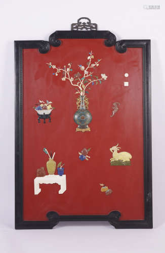 Qing Dynasty Hardstone Inlaid Zitan and Lacquer Panel Screen