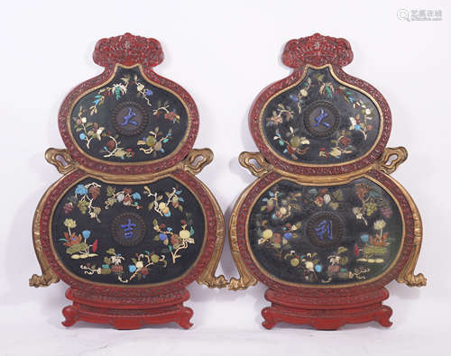 A Pair of Qing Dynasty Hardstone Inlaid Zitan and Lacquer Do...