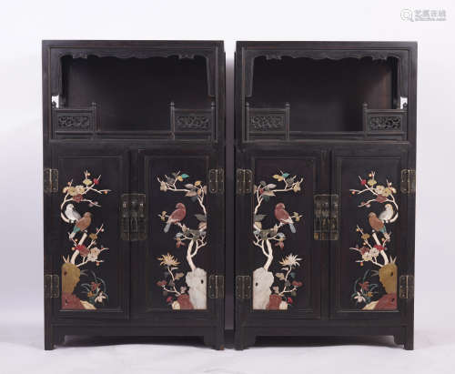 A Pair of Qing Dynasty Hardstone Inlaid Wood and Lacquer Cab...