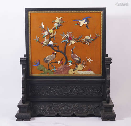 Qing Dynasty Hardstone Inlaid Wood and Lacquer Table Screen