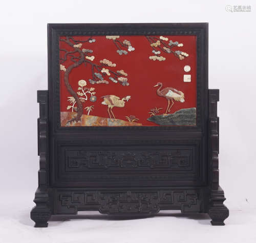 Qing Dynasty Hardstone Inlaid Wood and Lacquer Table Screen