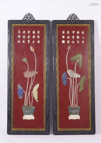 A Pair of Qing Dynasty Hardstone Inlaid Zitan and Lacquer Lo...