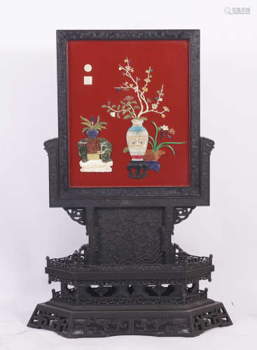 A Pair of Qing Dynasty Hardstone Inlaid Zitan and Lacquer Pa...