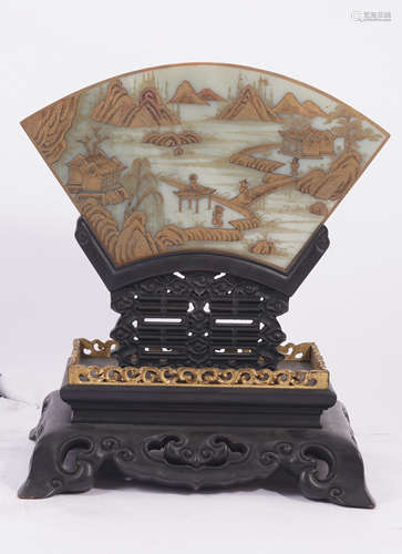 Qing Dynasty Hardstone Inlaid Wood and Lacquer Fan Table Scr...