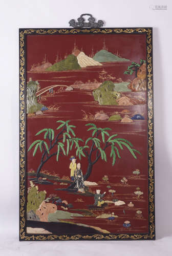 Qing Dynasty Hardstone Inlaid Wood and Lacquer Panel Screen