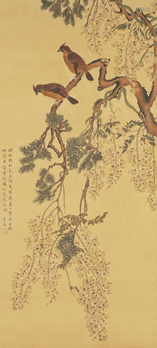 Chinese Bird-and-Flower Fan Painting by Chen Zhifo