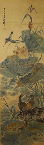 Chinese Wagtail Painting Scroll, Zhang Xiong Mark