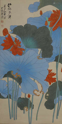 Chinese Lotus Pond Painting Scroll, Zhang Daqian Mark