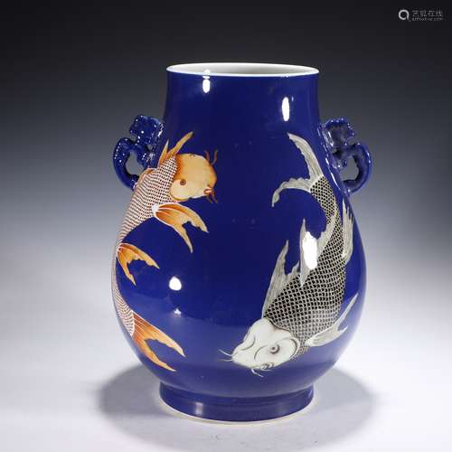 Sacrificial Blue Glaze Carp Double-Eared Zun