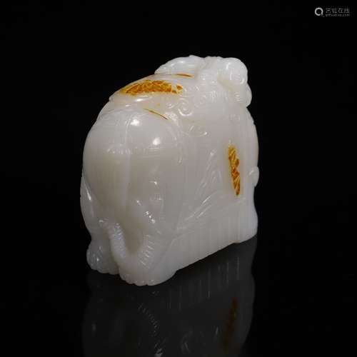 Carved White Jade Elephant and Boy Ornament