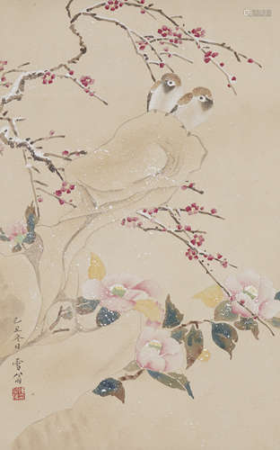 Chinese Bird-and-Flower Fan Painting by Chen Zhifo