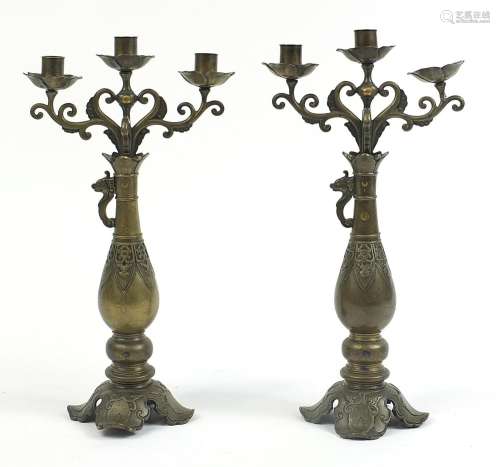 Pair of Chinese bronze three branch candelabra with wire and...