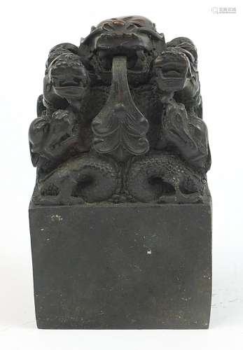 Large Chinese patinated bronze dragon seal, character marks ...