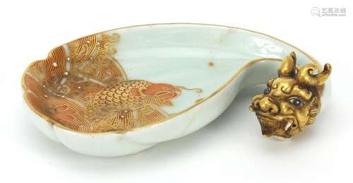 Chinese porcelain dish hand painted with a fish amongst wave...