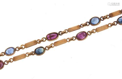 9ct rose gold ruby and sapphire necklace, 60cm in length, 8....
