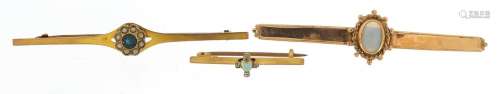 Three gold bar brooches, two unmarked, set with opal, diamon...
