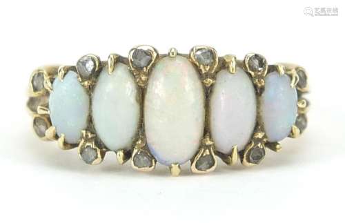Antique unmarked gold graduated opal and diamond ring, size ...