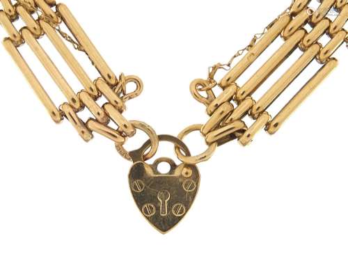 9ct gold four row gate link bracelet with love heart padlock...