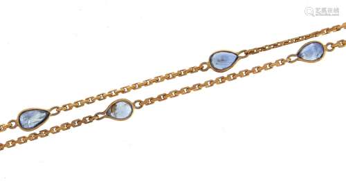 9ct gold teardrop sapphire necklace, 60cm in length, 6.0g