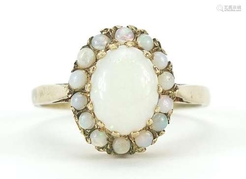 9ct gold opal cluster ring, size O, 2.7g