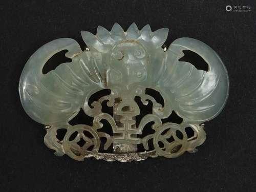 Chinese carved white jade bat scarf clip with silver mount, ...