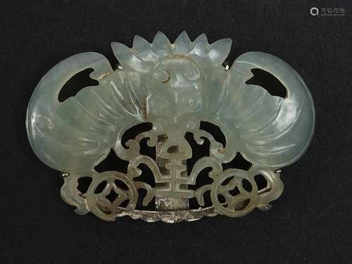 Chinese carved white jade bat scarf clip with silver mount, ...