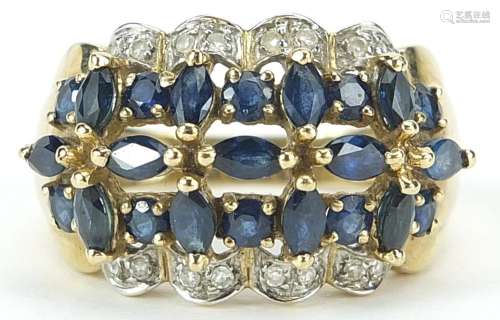 9ct gold sapphire and diamond cocktail ring, size P, 4.9g