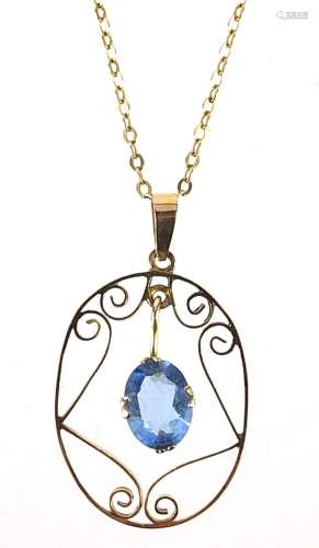 Art Nouveau 9ct gold blue topaz pendant on a 9ct gold neckla...