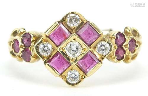 Victorian diamond and ruby cluster ring, indistinct hallmark...