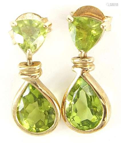 Pair of 9ct gold peridot drop earrings, 1.7cm high, 2.2g