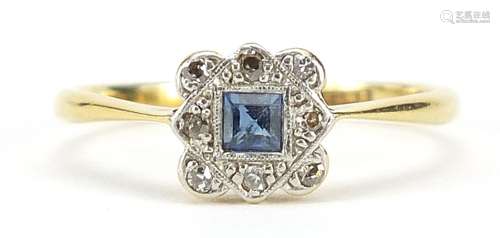 Art Deco 18ct gold and platinum sapphire and diamond ring, s...