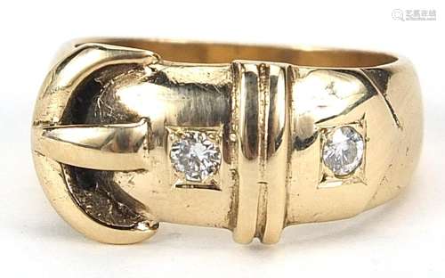 9ct gold diamond two stone buckle ring, size L, 5.9g