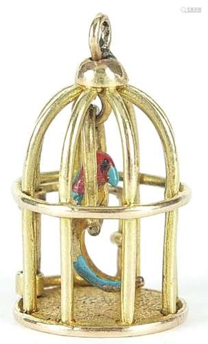 9ct gold enamelled parrot in a cage charm with hinged door, ...