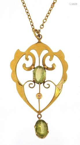 Art Nouveau 9ct gold peridot pendant on an unmarked gold nec...