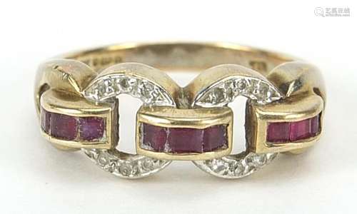 9ct gold ruby and diamond chain link ring, size M, 3.0g