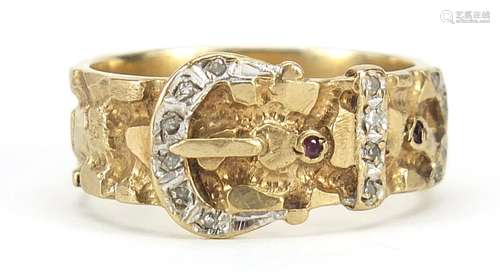 9ct diamond and ruby buckle ring, size U, 6.6g