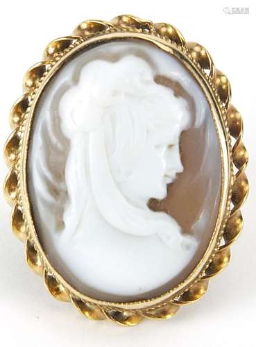 Large 9ct gold cameo maiden head ring, size L, 7.8g