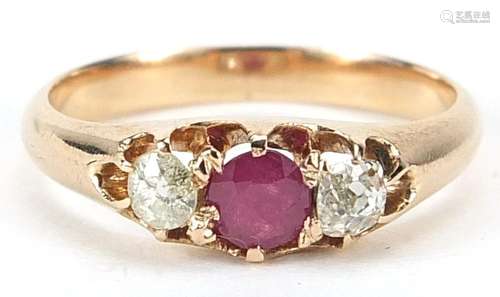 Unmarked gold ruby and diamond three stone ring, size L, 2.6...