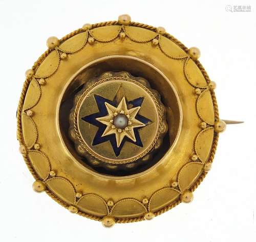 Victorian unmarked gold and enamel mourning brooch set with ...